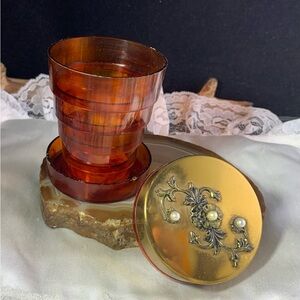 Vintage Collapsible Folding Plastic Cup Tortoise Color Floral Lid